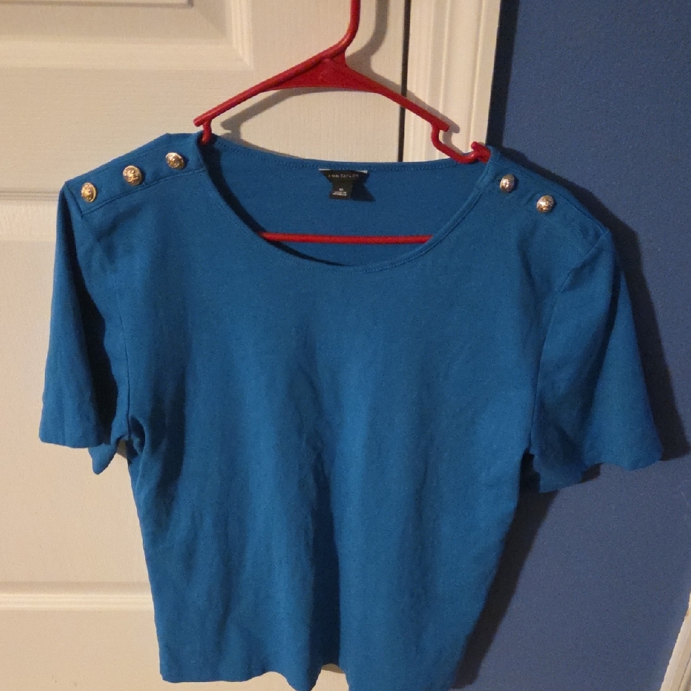 Ann Taylor Blue Fitted Buttoned Short Sleeve Tee